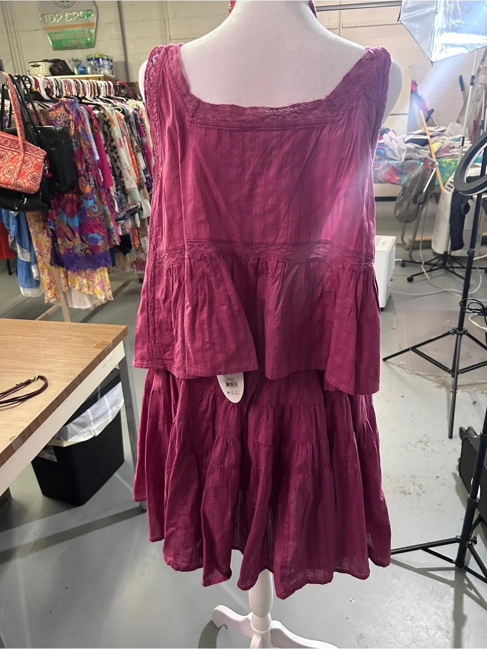 Women’s Fuchsia Tiered blouse and matching skort  - with statement necklace